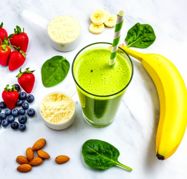Vibrant green Herbalife protein shake surrounded by fresh fruits and ingredients