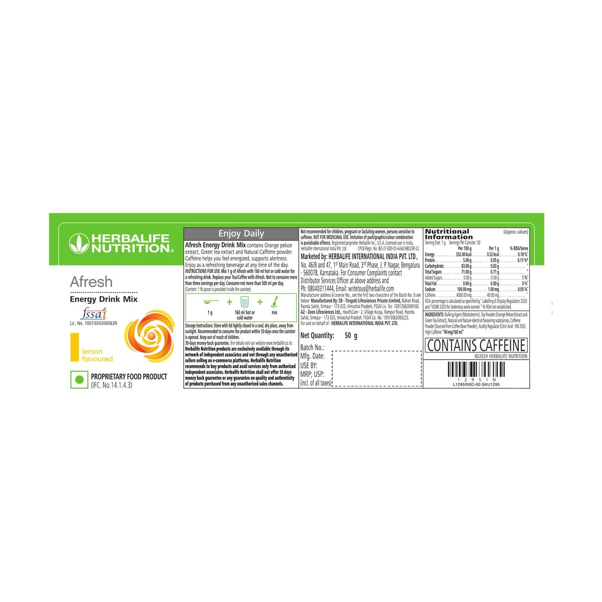 Official Herbalife Afresh Energy Drink Mix Lemon label