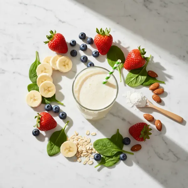 7 Benefits of Starting Your Day with a Protein Shake - protein shake with fresh fruits and ingredients on marble surface