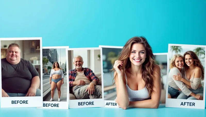 A collage of before-and-after photos showcasing successful weight loss journeys.
