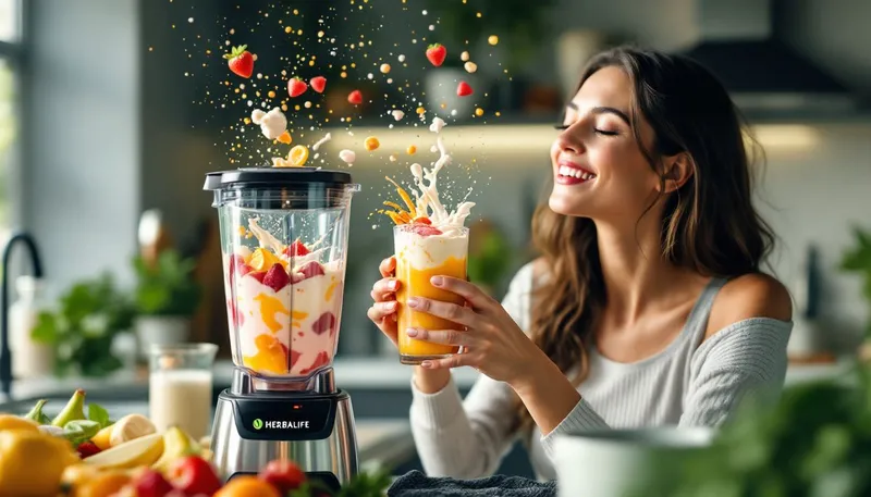 A close-up of a Herbalife meal replacement shake being prepared for weight loss.