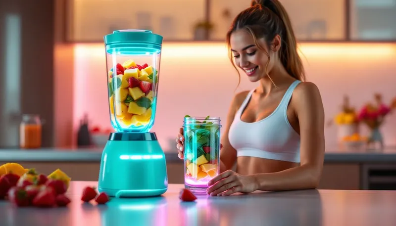 A healthy meal nutritional shake being prepared in a kitchen.