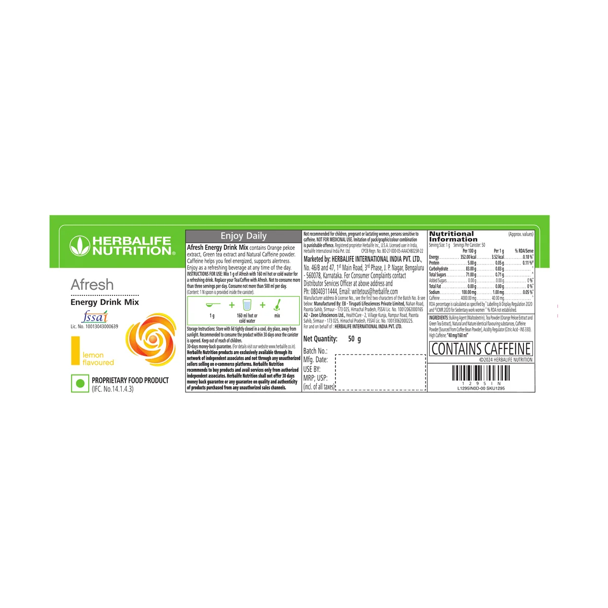 Official Herbalife Afresh Energy Drink Mix Lemon label