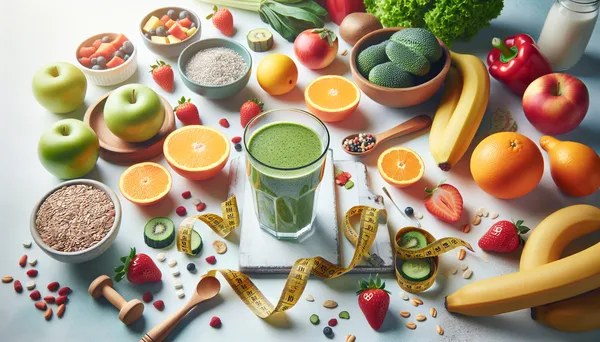 Herbalife weight loss products including shake, fruits, and fitness items arranged on a kitchen counter