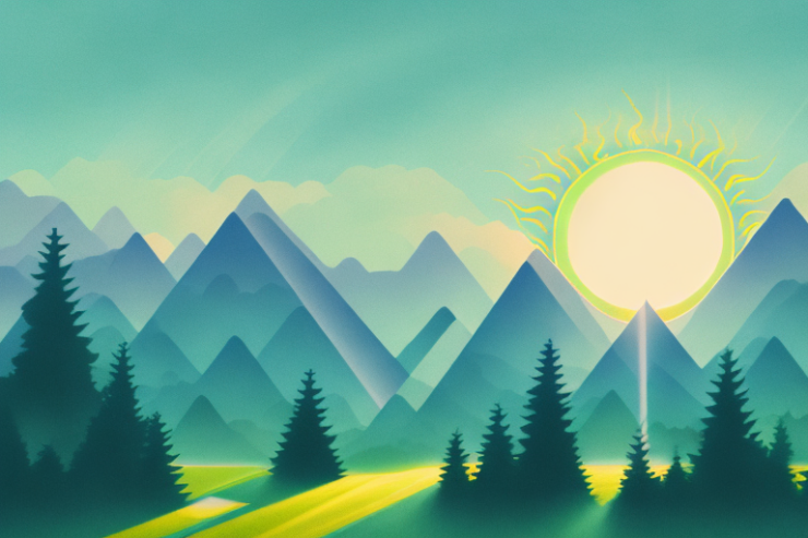 A sun rising over a landscape of trees and mountains
