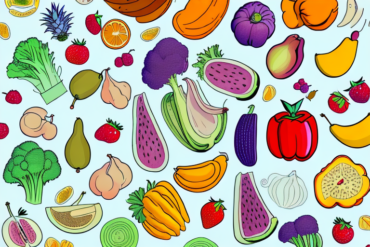 A person surrounded by a variety of colorful fruits and vegetables